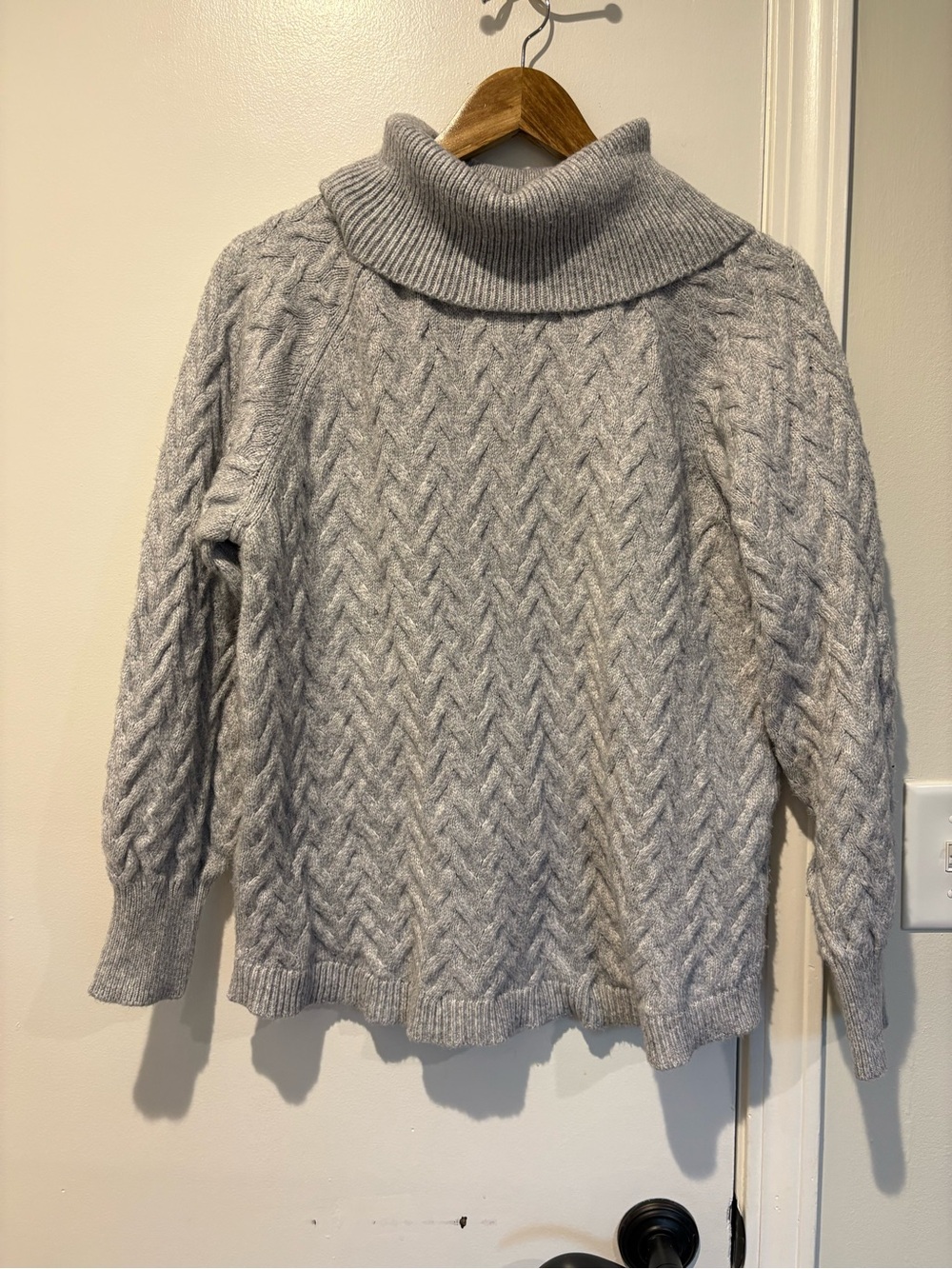 Cozy, Fisherman St. John's Bay Light Gray Cable Knit Turtleneck Sweater
